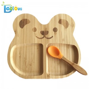 Eco-Friendly Reutilizable Barato Bamboo Kids Plates Toddler Bamboo Spoons Silicone Baby Plate de madera para bebés